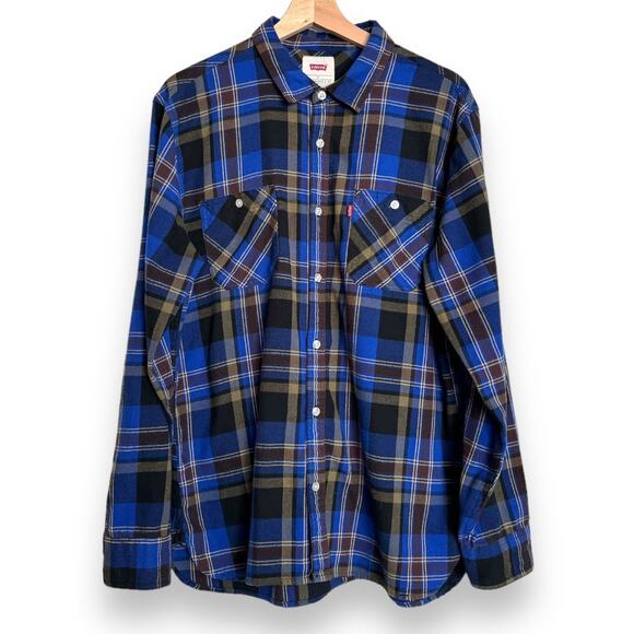 Levi’s Blue Plaid Two Pocket Long Sleeve Flannel Shirt Men's Size L - Picture 1 of 9